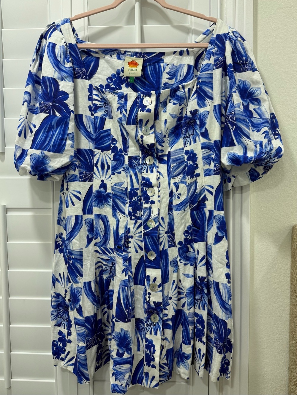 FARM Rio Blue and White Floral Button-Front Dress